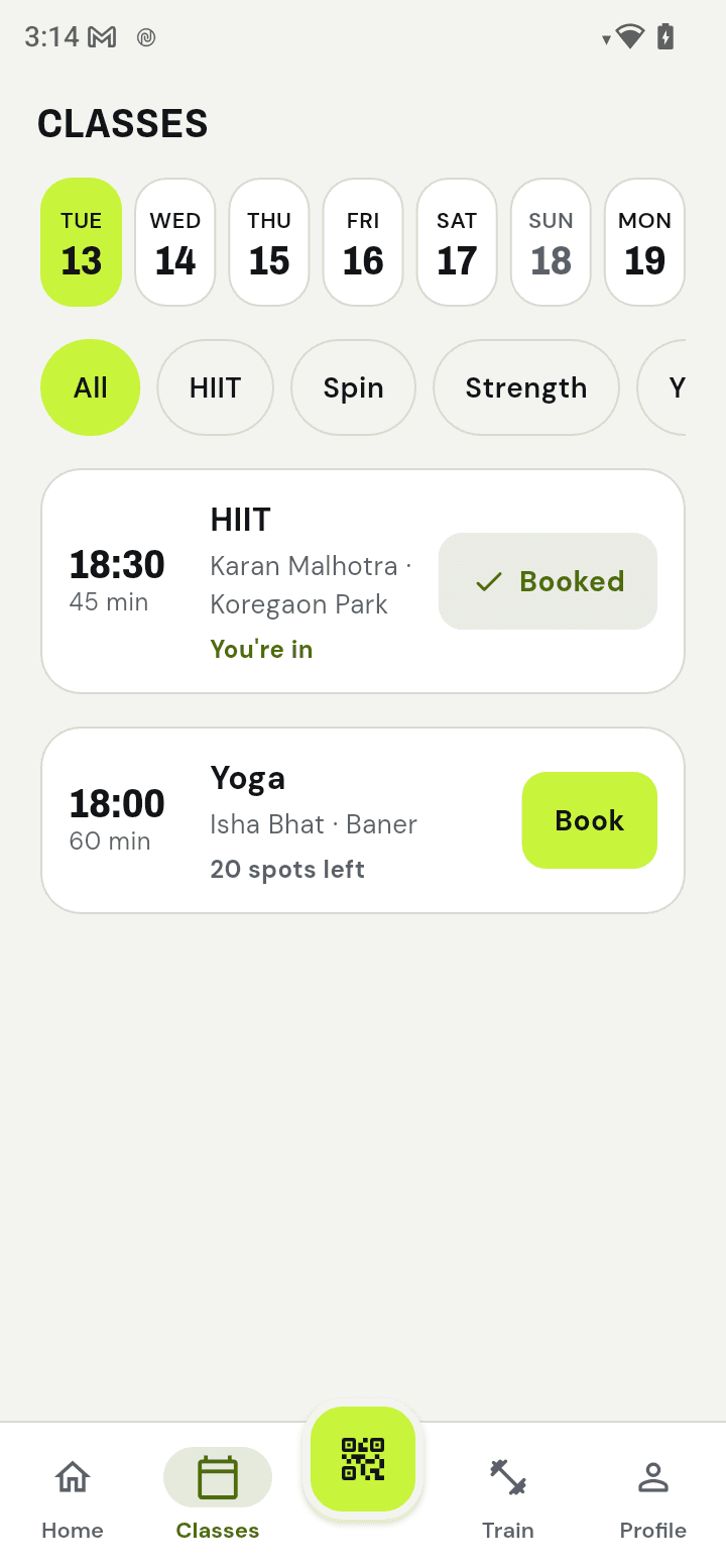 App classes: this week’s schedule with a booked HIIT class