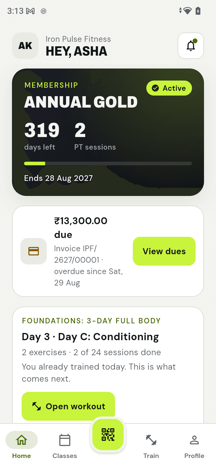 App home: membership card with days left, dues and today’s workout