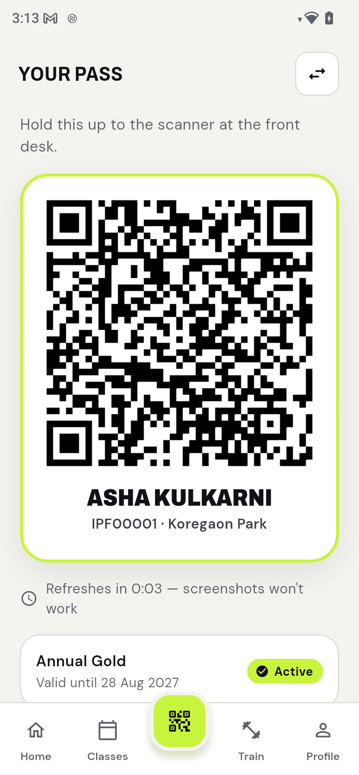 App pass: a QR code for check-in at the front desk