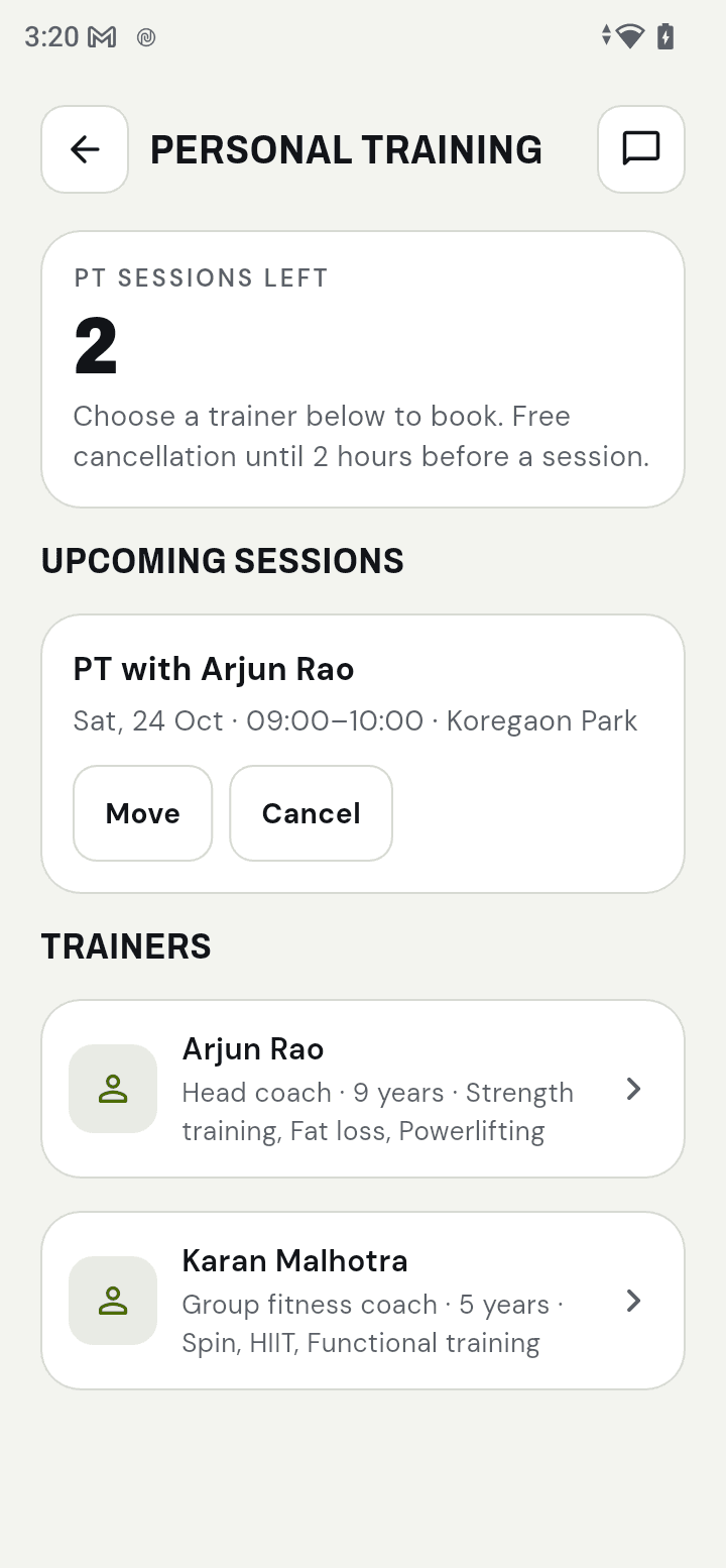 App personal training: sessions left, an upcoming session and trainers