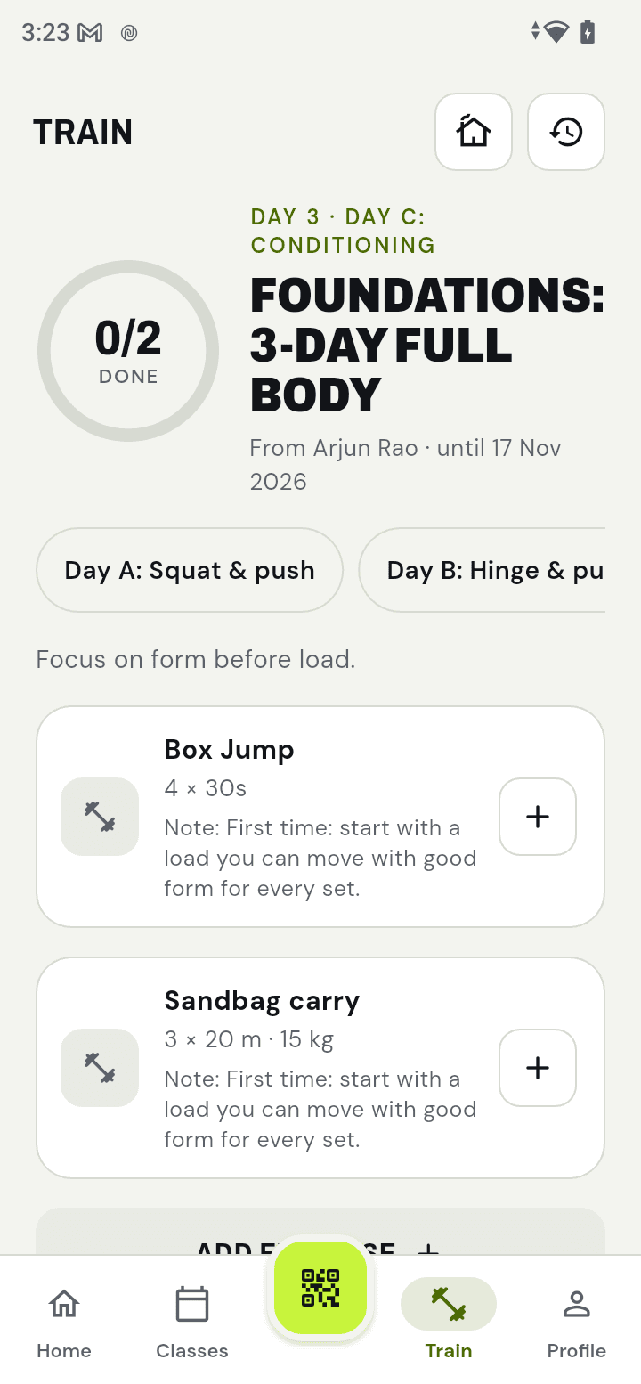 App train: today’s workout from the trainer’s program