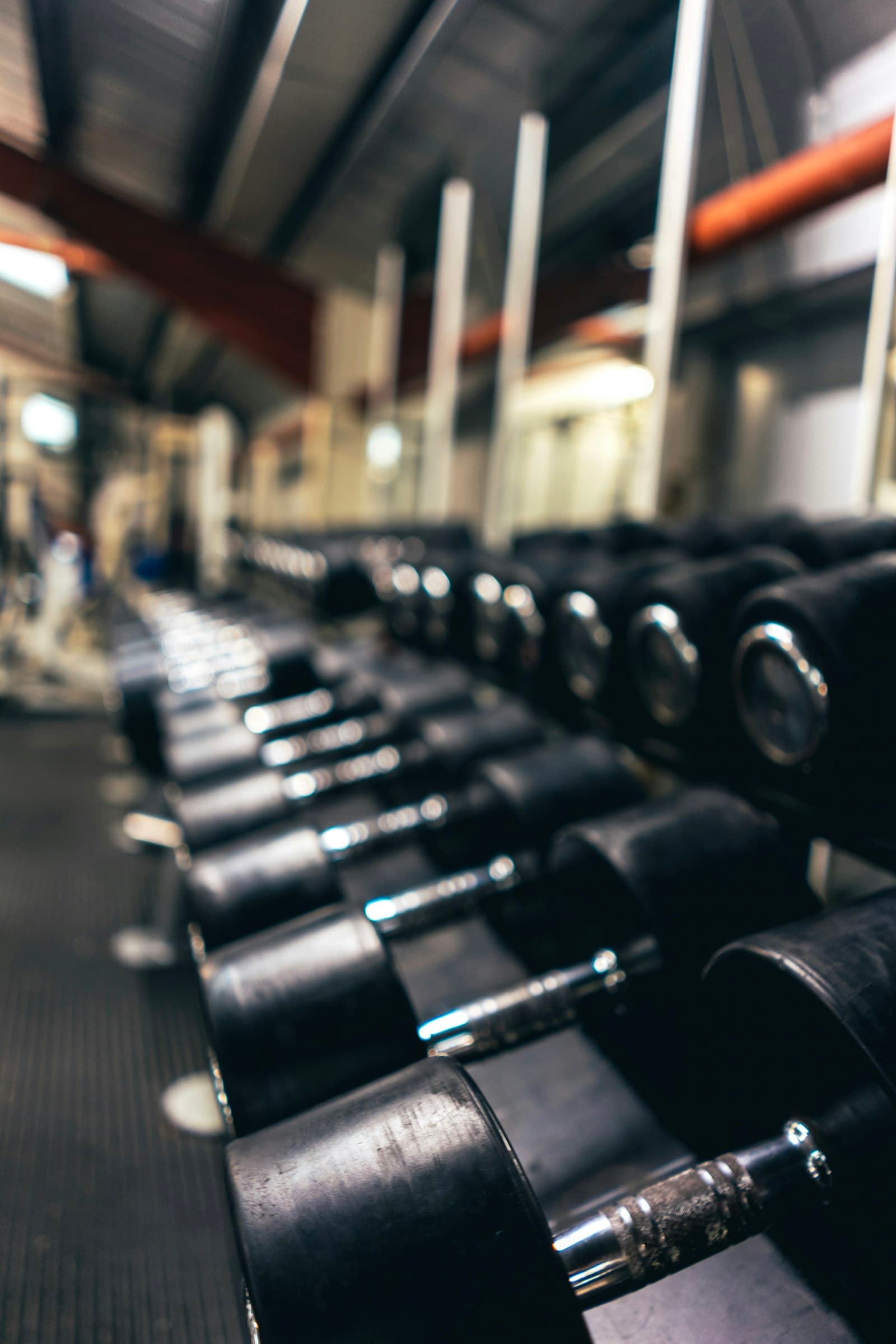A long row of dumbbells on a rack in a gym